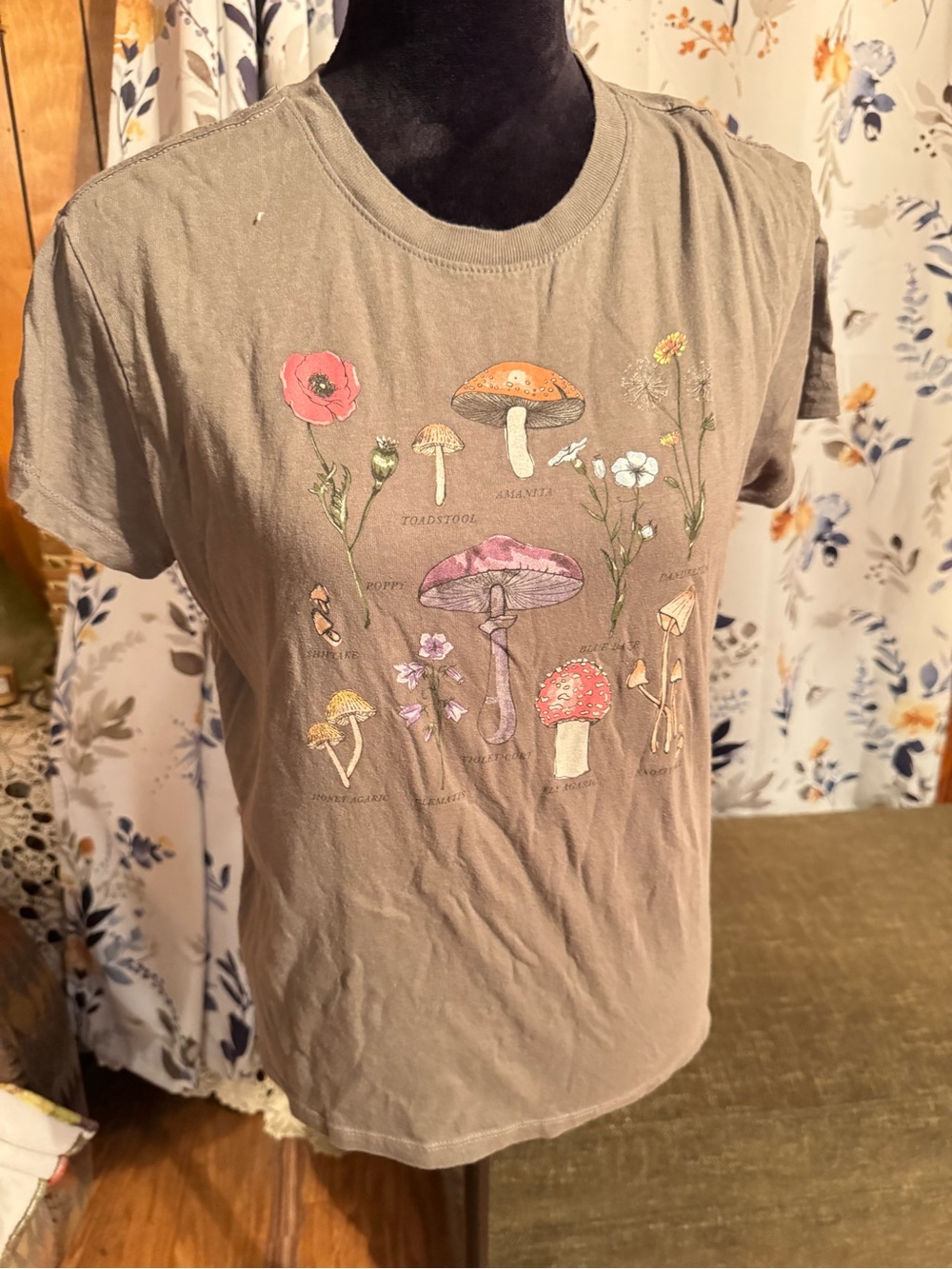 Botanical Mushroom Graphic Tee - Taupe with Multicolor Print